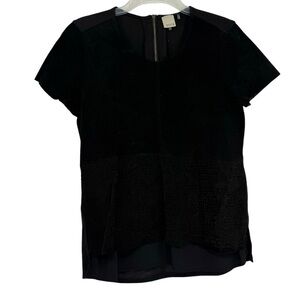 ECRU Blouse Shirt Womens size Small Suede Front Blouse Top Black Short Sleeve